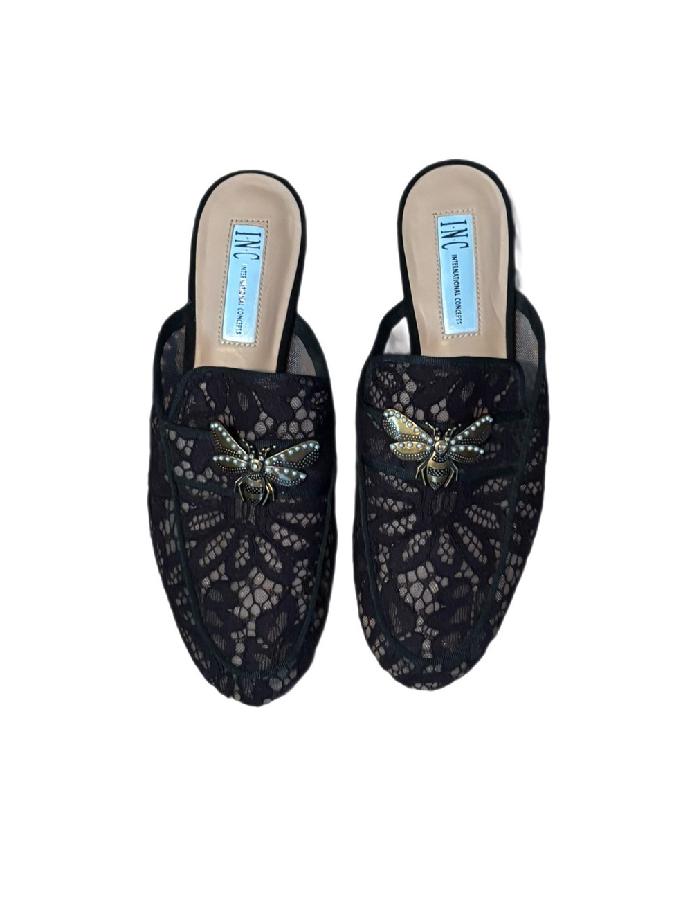 INC International Concepts Gannie Black Lace Bee Mules – Size 6.5